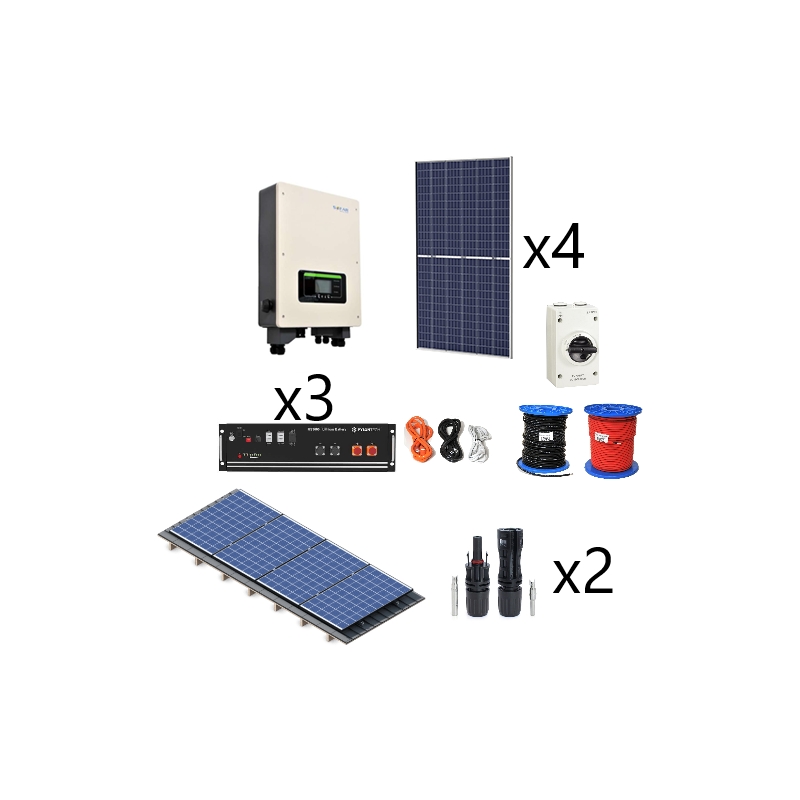 Kit solar aislada con litio Pylontech 7,2kWh - Sofar HYD 3kW 48V - consumo 8,5kW/dia - Estructura coplanar